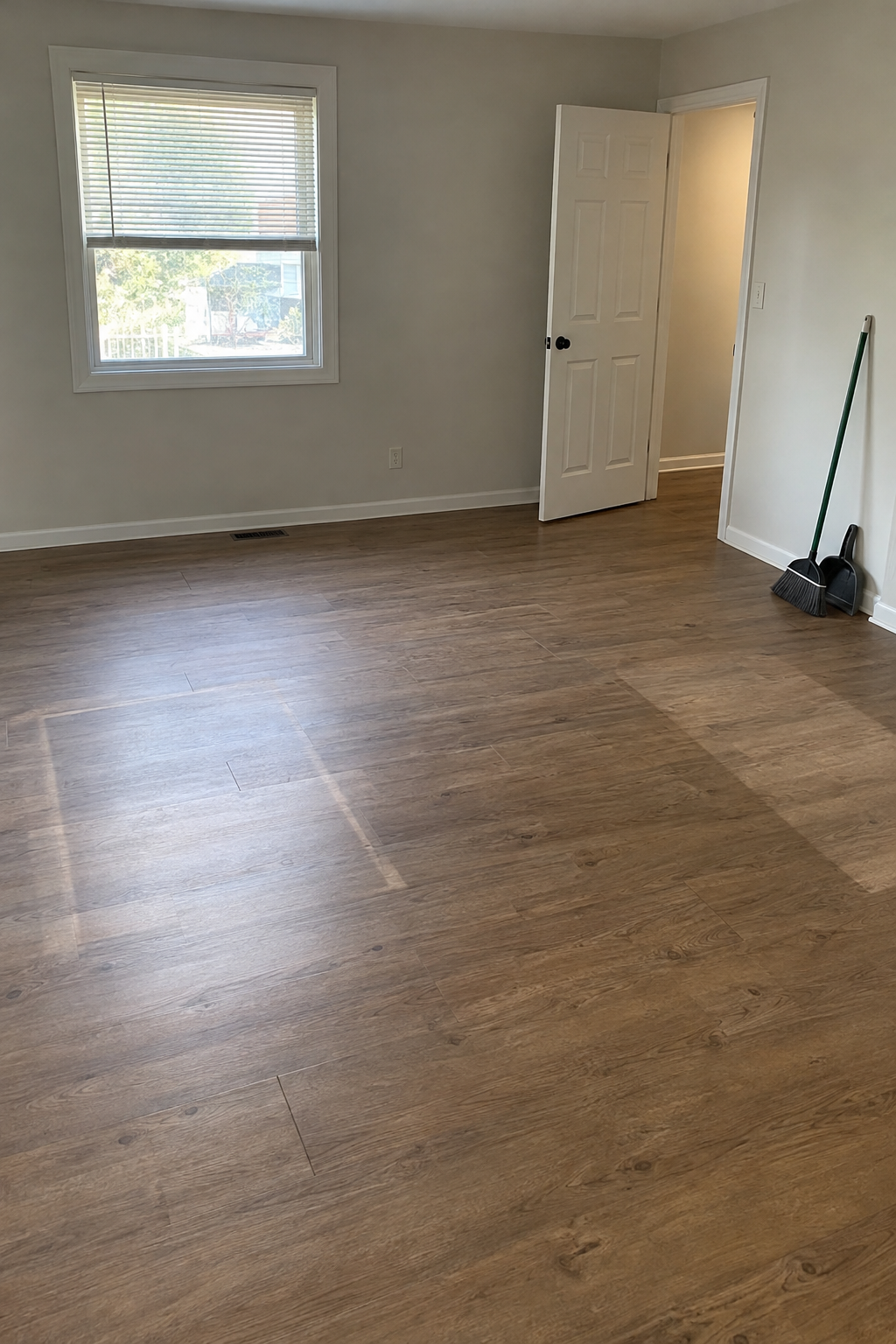 An empty bedroom with a bare swept floor and a broom and dustpan leaning by the doorway