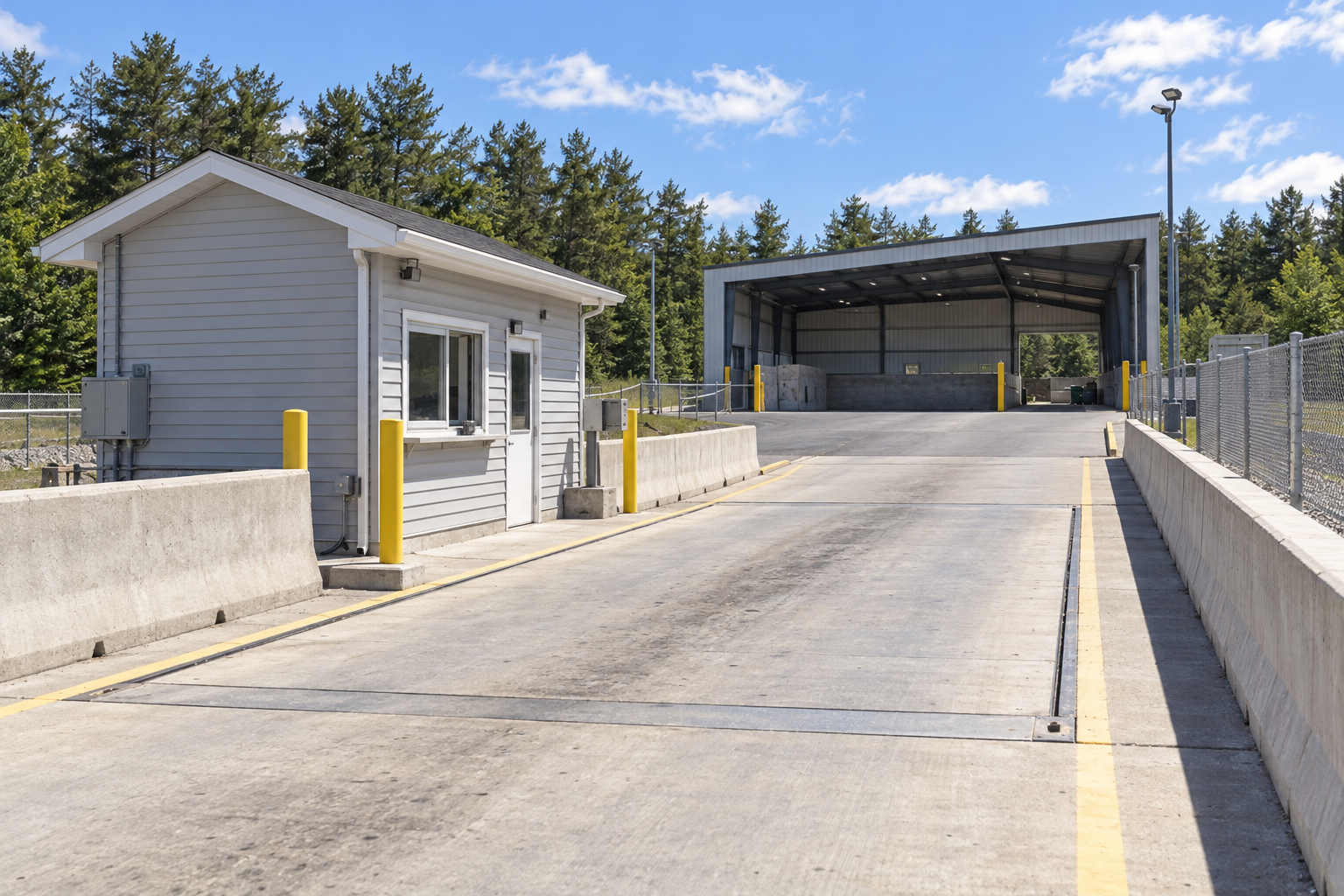 The scale house and drop-off lane at the entrance of a waste transfer station