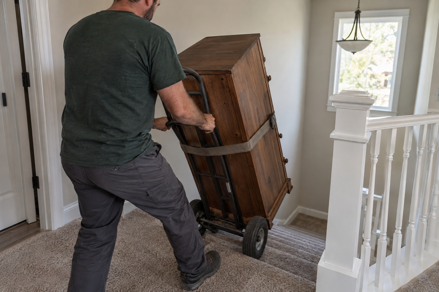 A dresser strapped to a hand truck at the top of a staircase, about to be wheeled down