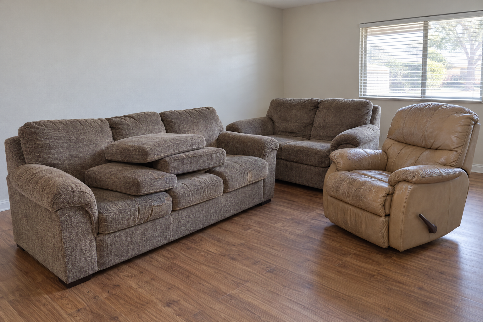 A worn sofa, loveseat and recliner pushed together in an emptied living room