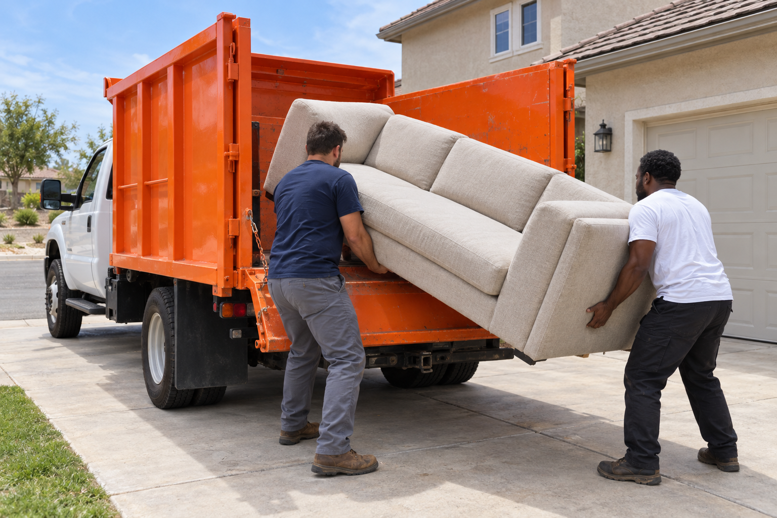 furniture removal crew carrying a sectional sofa out of a Jacksonville home
