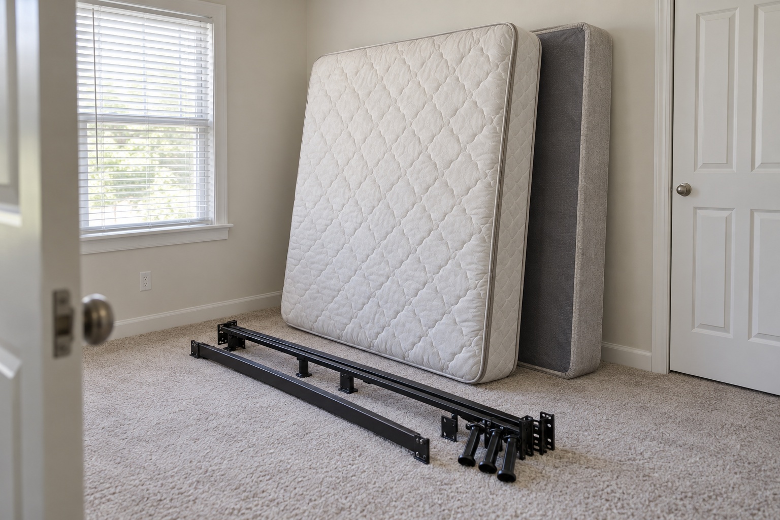 A bare mattress and box spring leaned against a bedroom wall beside a disassembled metal bed frame