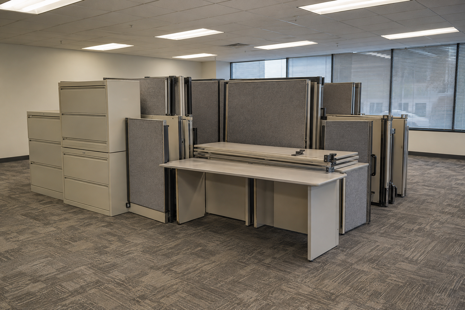Desks, cubicle panels and file cabinets grouped in a vacated office suite
