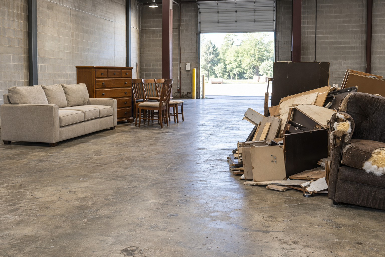 Furniture sorted on a warehouse floor, usable pieces set apart from broken ones