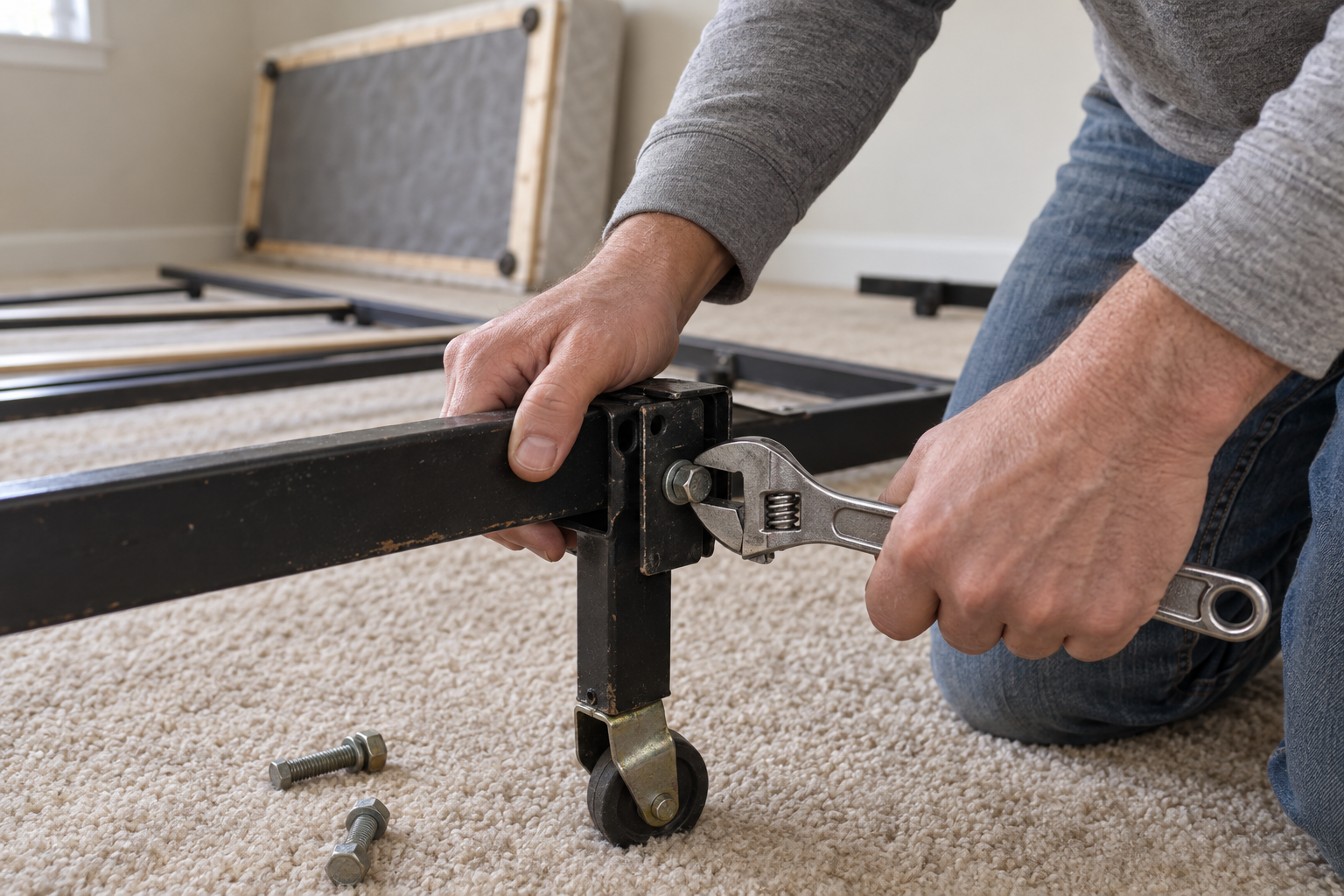 Hands unbolting the side rail of a metal bed frame, a box spring standing against the bedroom wall behind