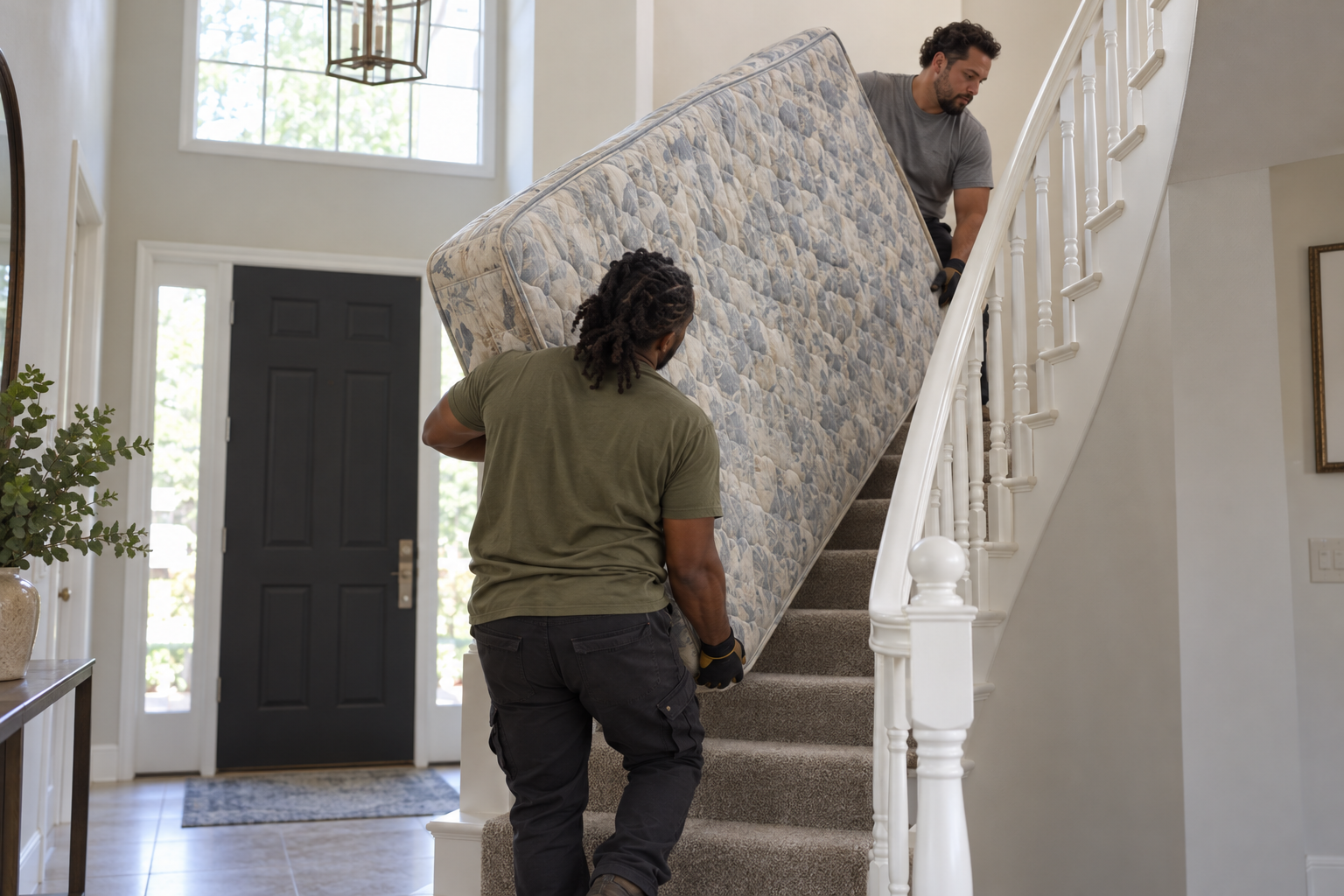 mattress removal crew carrying a queen mattress down stairs in a Jacksonville home